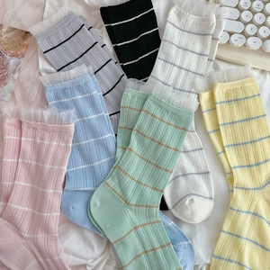 Women Slouch Socks Cotton Blend Striped Mesh Breathable Lace Trim Sweet Fresh Style Crew Socks