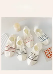 Detail of five pairs of low-cut cotton invisible socks with colorful stripes and letters