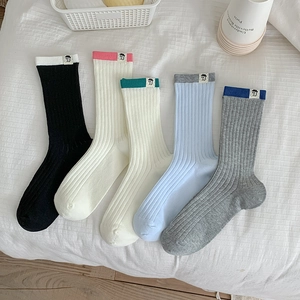 Women Mid Tube Socks Cotton Ribbed Contrast Trim Cartoon Label Breathable Casual Soft Harajuku Style