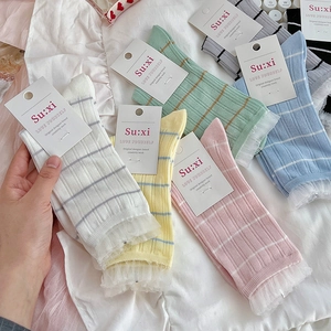 Five pairs of striped mesh crew socks with white lace trim in assorted pastel colors