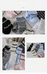 Detailed view of color-block crew socks with wavy lace edges in five different colors