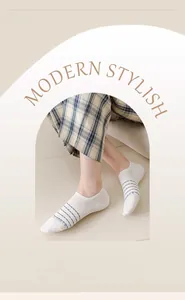 Detail showing high-elastic cuff and striped pattern on white cotton low-cut boat socks