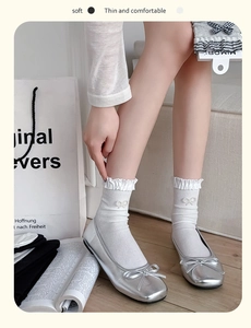 Detail of white crew socks featuring lace ruffles and pearl bow accents on ribbed fabric