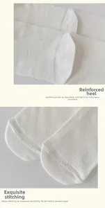 Macro detail of reinforced heel and flat-seam toe on white ribbed cotton socks