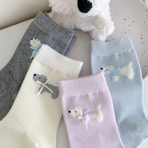 Cute West Highland Terrier socks with bows, four-color Japanese style cotton crew socks