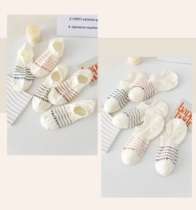 Detail view of 5-pack cotton no-show socks with striped patterns and elastic ribbed cuffs