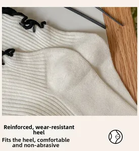 Close-up of reinforced heel on white ribbed cotton socks with black wave edge trim