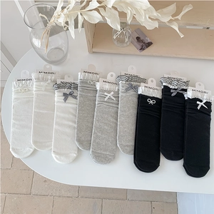 Sweet Bowtie Mid Calf Socks Cotton Ruffle Lace Trim Ribbed Texture Lolita Style Soft Breathable For Women