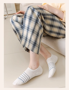 Detailed shot of white cotton invisible socks with blue letter stripes worn by a model