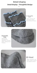 Detail shots of gray knit socks featuring blue scalloped edges and reinforced seams