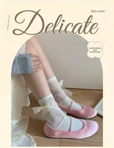 Detail of white rib-knit socks with lace bows and pink velvet Mary Jane shoes