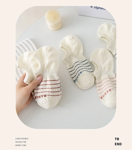 Detail of breathable striped cotton low cut socks with letter patterns on a soft base