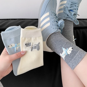 Japanese style crew socks with cute puppy patterns and 3D bows in blue, white, and grey