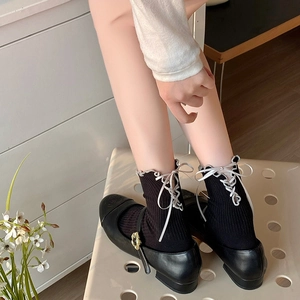 Women Cotton Mid-Calf Socks Ribbon Bow Cross Strap Sweet Lolita Style Ruffle Lettuce Trim Ribbed Knit