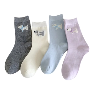Set of four cotton socks in pastel colors featuring cute dog embroidery and silk bows