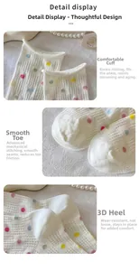 Detail display of white polka dot socks showing elastic cuffs and reinforced heel texture