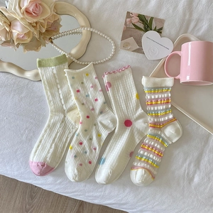 Women Crew Socks Cotton Blend Polka Dot Heart Striped Ruffle Edge Breathable Mesh Japanese Style Sweet