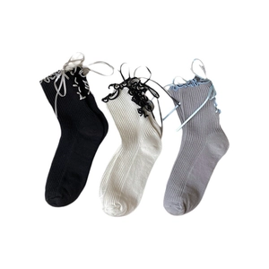 Sweet Lolita ruffled crew socks with silk ribbon bows in black, white, and grey colors