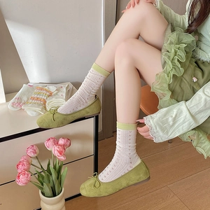 Women's summer sheer green ballet flats with white heart-patterned tulle crew socks