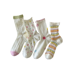 Set of four Japanese style colorful polka dot and striped crew socks for women