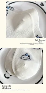 Detailed close-up of reinforced heel and toe stitching on white cotton puppy socks