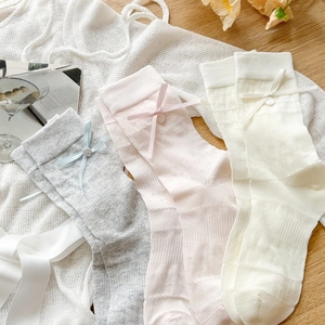 Women Lolita Crew Socks Hollow Out Eyelet Cotton Blend Breathable Sweet Ribbon Bow Button Japanese Style Socks