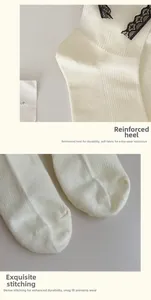 Detail of white ribbed socks featuring black lace trim and reinforced heel stitching