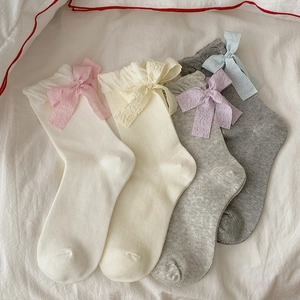 Women Crew Socks Cotton Blend Breathable Mesh Large Bow Back Sweet Lolita Style Ruffle Trim Fashion