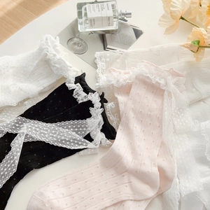 Lace ruffle mid-calf socks with polka dot pattern in white, black and pink colors