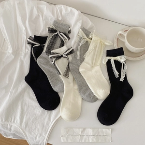 Mid-Calf Socks Cotton Blend Lace Trim Ribbon Bow Ribbed Knit Breathable Lolita Balletcore Style Sweet For Women Girls