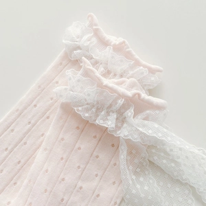 Detailed close-up of pink lace ruffle trim and knitted pointelle patterns on girls socks