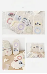 Close-up of cute cartoon animal pattern mesh invisible socks with colorful rib cuffs