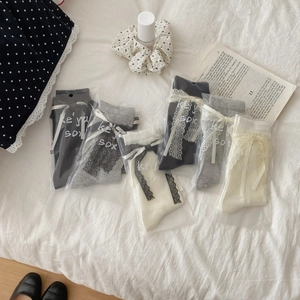Sweet ballet style lace bow mid-calf socks set in black, white, and grey colors