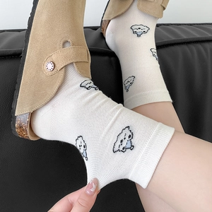 Cute white mesh socks with cartoon puppy pattern and high elastic breathable fabric