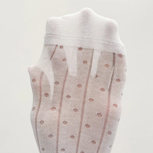 Detail showing white sheer mesh socks with brown crown embroidery and vertical stripes