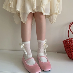 Sweet ballet style white lace bow mesh socks with pink satin Mary Jane shoes