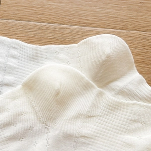 Detail of white knit socks showing ribbed texture and breathable mesh pattern on heels