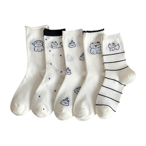 Set of five white cotton socks with cute cartoon bear embroidery and blue stripe patterns