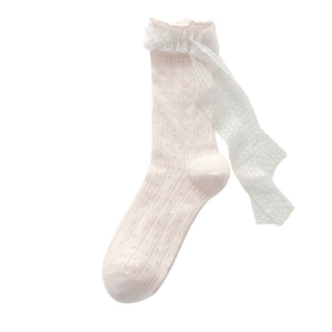 Pink mid-calf socks with white lace trim and dotted rib knit for Lolita style