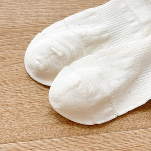 Detailed macro view of white pointelle knit cotton baby socks with ribbing texture