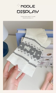 Detail of summer mesh cotton socks with cute sheep and heart jacquard patterns