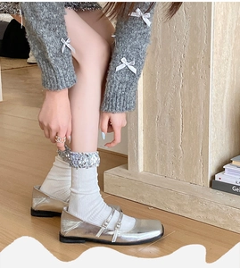 Detail of white ribbed crew socks featuring sparkling silver sequins and Mary Jane shoes