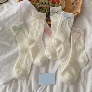 Chaussettes Mi-Mollet Femmes Mélange Coton Respirant Mesh Pointelle Nœud Papillon Style Ballet Doux Écolières Japonaises