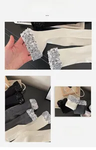 Detailed view of ribbed knit socks with shimmering silver sequins in black, gray and white