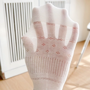 White thin sheer crew socks with kitten paw pattern and breathable mesh texture