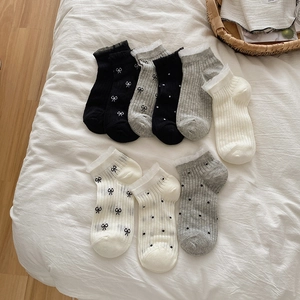 Women Lace Trim Ankle Socks Cotton Ribbed Ribbon Bow Polka Dot Sweet Japanese Style Breathable Soft Casual