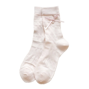 White Lolita socks with pink bow and button detail, sweet ribbed knit style for summer