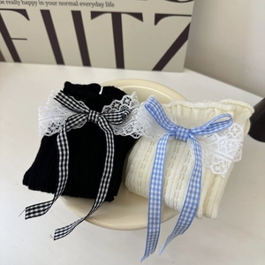 Lolita style lace socks with ribbon bows in black and beige, summer knit hosiery