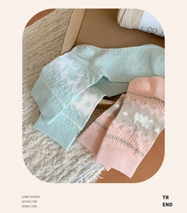 Detail of breathable knit socks with cute lamb pattern and heart-shaped mesh texture
