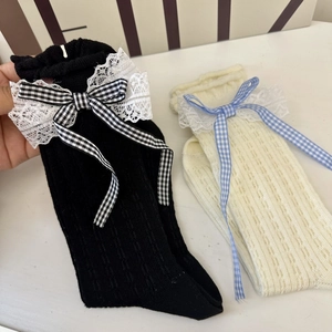 Summer lace bow mid-calf socks in black and beige with vertical knit ribbed texture